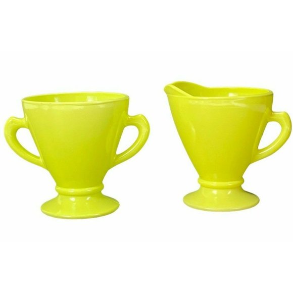 Vintage Hazel Atlas Ovidue Platonite Yellow Green Creamer Sugar Set c1950s - Picture 1 of 11